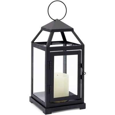 Juvale Black Candle Lantern, Decorative Metal Holder with Tempered Glass (5.3 x 11 in)