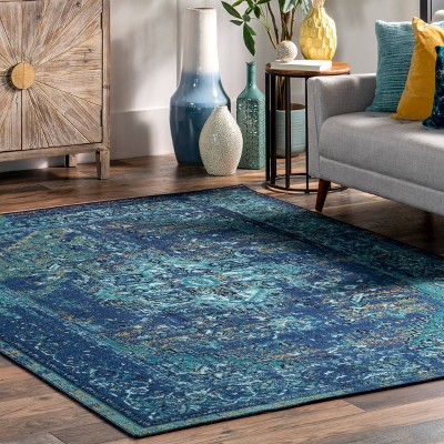 Reversible Blue Synthetic Vintage Persian Area Rug