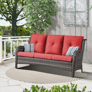 POCASSY 74" Wide Outdoor Wicker Patio Sofa with Cushions, All Weather Wicker Furniture Sofa 3 Seater Couch for Porch, Deck, Balcony - 1 of 4