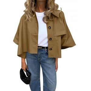 Imily Bela Womens Oversized 3/4 Cape Sleeve Cropped Trench Coat Single Breasted Button Up Jacket - 1 of 4