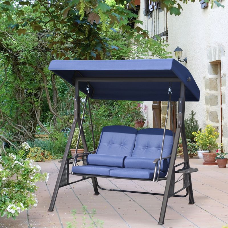Outsunny 2-Person Patio Swing Chair Outdoor Canopy Swing with Adjustable Shade, Soft Cushions, Throw Pillows and Tray for Garden, Poolside, 3 of 7