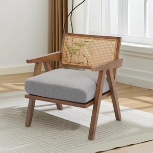 coucheta Mid Century Modern Accent Chair with Sturdy Wood Legs, Rattan Backrest & Thick Linen Cushion, Armchair for Bedroom Balcony Apartment (2 PCS) - 1 of 4