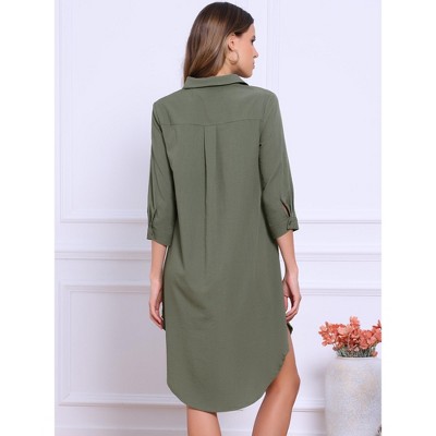Женские платья INSPIRE CHIC Women's Casual 3/4 Sleeve Collared Lightweight Cover Up Button Down Shirt Dress Army Green X-Small — фото 3
