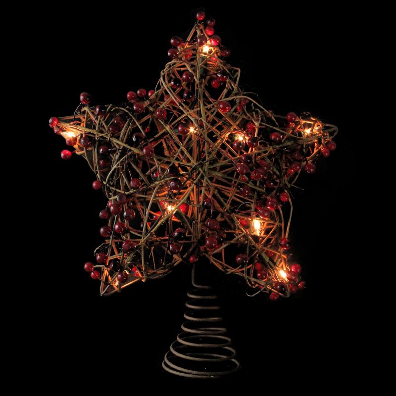 Northlight 13.5" Brown Rattan with Red Berries Star Christmas Tree Topper - Clear Lights, 2 of 4