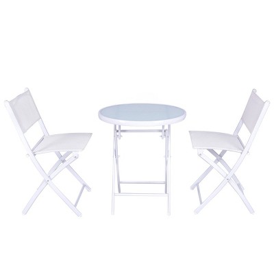 White Metal Folding Bistro Set with Glass Table Top