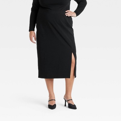 Women's Ruched Midi Slit Pencil Skirt - Ava & Viv™ Black XXL