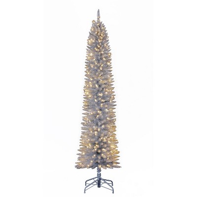 Home Heritage 7 Foot Prelit Artificial Pencil Christmas Holiday Tree with White LED Lights, Folding Metal Stand and Easy Assembly, Silver