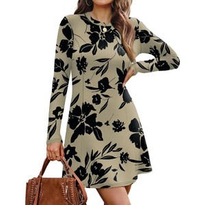 2025 Women's Long Sleeve Sweater Dress for Fall, Crew Neck Knit Midi Dress Black Taupe - 1 of 4