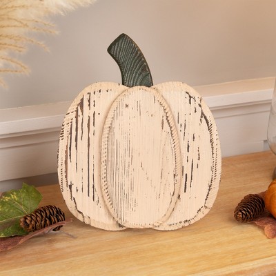 Small White Wooden Fall Harvest Pumpkin Figurine with Green Stem