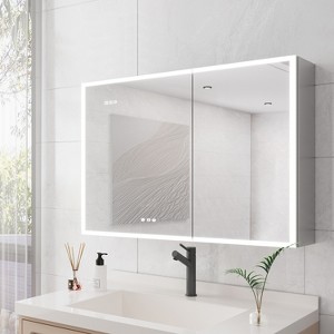 HBEZON Medicine Cabinet with Mirrors and Lights, Wall Mount Lighted Bathroom Cabinet, Defogger, Dimmable, Aluminum, Silver - 1 of 4