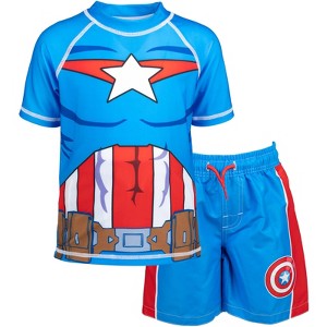 Marvel Avengers Spider-Man Captain America Hulk Iron Man Pullover Rash Guard & Swim Trunks Outfit Set Toddler to Big Kid - 1 of 4