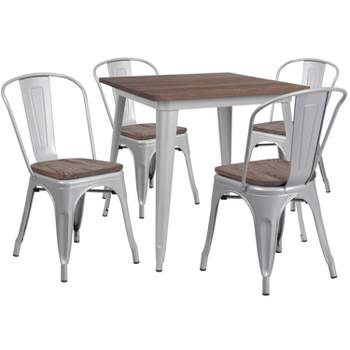 Flash Furniture 31.5" Square Metal Table Set with Wood Top and 4 Stack Chairs