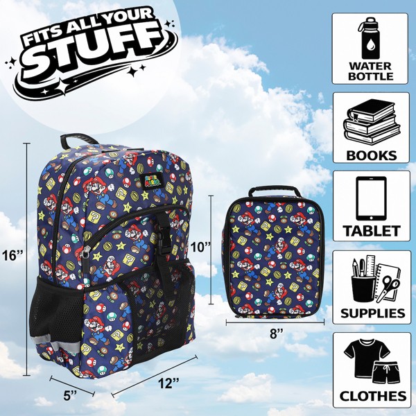 Set de mochila y lonchera para niños de 16" de Super Mario Bros., 2 piezas, para escuela y viajes 2