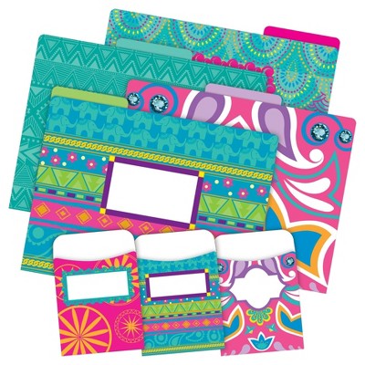 Barker Creek 12 Letter-Size File Folders & 30 Adhesive Pockets Set - Bohemian: Decorative Boho Folders with Pockets