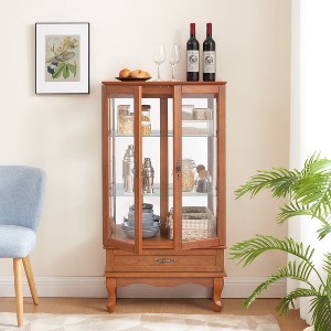 YOOCOZZ Lighted Glass Wine Curio Display Cabinet with Adjustable Glass Shelves 2 Doors 1 Drawer Bulb Included - 1 of 4
