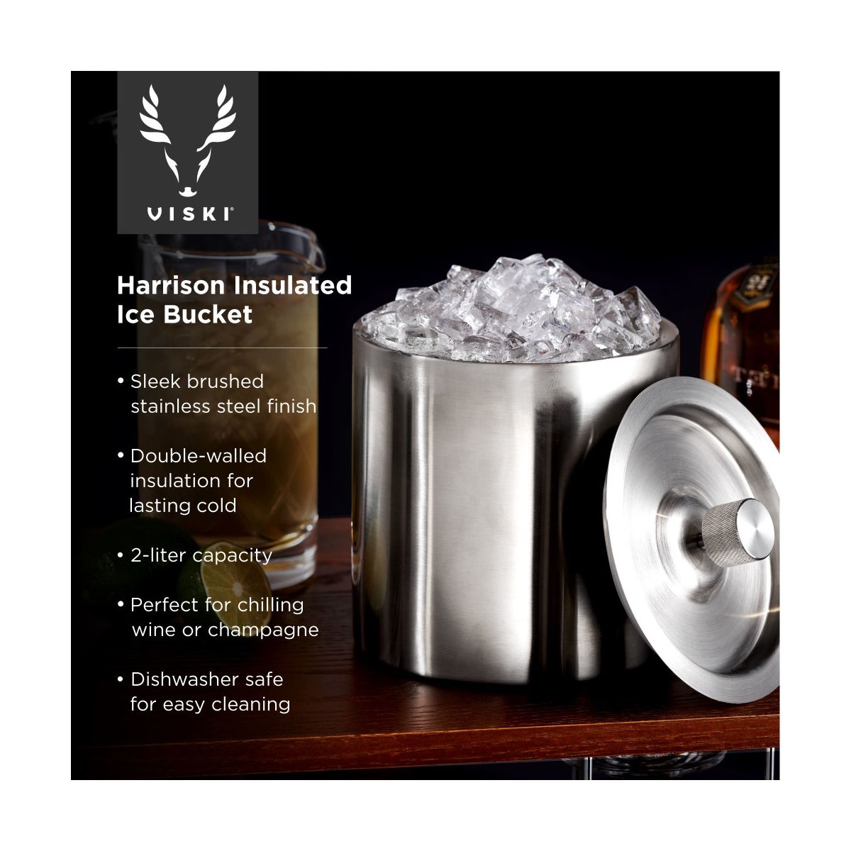 Viski Harrison Double Walled Insulated Stainless Steel Ice Bucket with Lid for Wine and Champagne, Home Bar Gifts for Men and Women, 2L, Silver - thumbnail 2