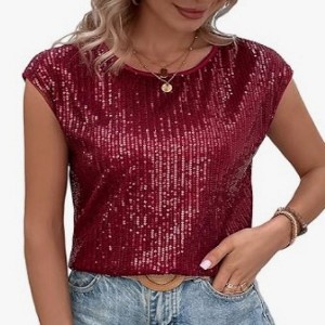 Coolmee Women's Sequin  Tops Short Cap Sleeve Dressy Blouses Glitter Party Tops Crewneck Shirts Club Concert Outfits - 1 of 3