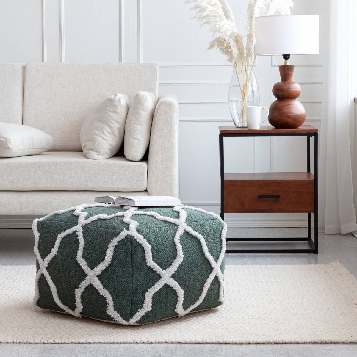 B Sides Moroccan Inspired Pouf Green/Ivory - Anji Mountain: Handmade Bohemian Square Ottoman, Trellis Pattern, Polyester & Cotton