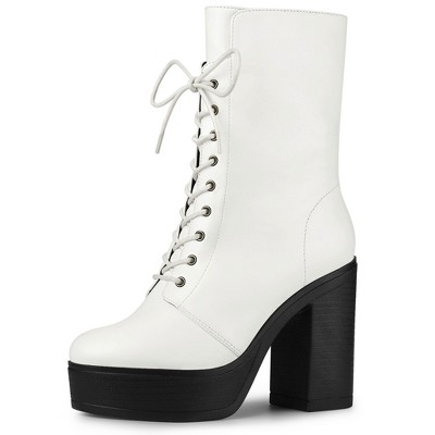 Allegra K Women's Platform Lace Up Chunky Heels Combat Boots White 10 ...