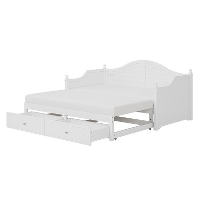 VYNXARIA White Twin Size Extendable Wood Daybed with Pop - Up Trundle and Storage Drawers - Ideal Wooden Sofa Bed for Living Room and Guest Room