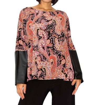 Women's Paisley Dolman Leather Sleeve Top With Back Zipper - LAST TANGO