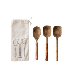 Storied Home Mango Wood Spoons with Bamboo and Leather Wrapped Handles, Set of 3 in Printed Drawstring Bag - 1 of 4