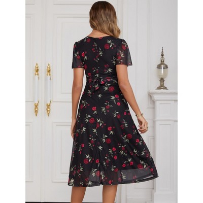 Женские платья INSPIRE CHIC Women's Maternity Flowy Floral Dress Midi Photoshoot Formal Casual Pregnancy Dress 2026 Summer X-Large Black Dress & Red Rose — фото 4