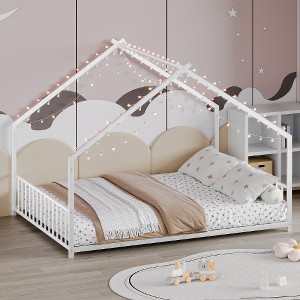Lyngins Twin Size Bed Frame, Kids' House Bed Frame with Roof & Colorful Lights, Metal  Floor Bed Frame with Slats and Legs, Toddler Bed with Backrest - 1 of 4