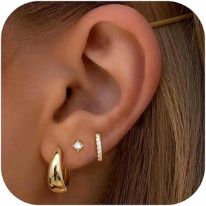 Hypoallergenic Small Chunky Hoops | 14K Gold Filled, Non-Tarnish & Lightweight 3-Pair Set for Sensitive Ears - 1 of 4