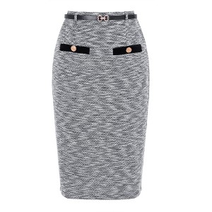 INSPIRE CHIC Women's Tweed High Waisted Button Decor Bodycon with Belt Office Midi Skirts - 1 of 4
