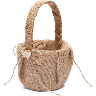 Sparkle and Bash Burlap Double Hearts with Bowknot Rustic Flower Girl Basket for Wedding Party Supplies, 5" x 8.7"