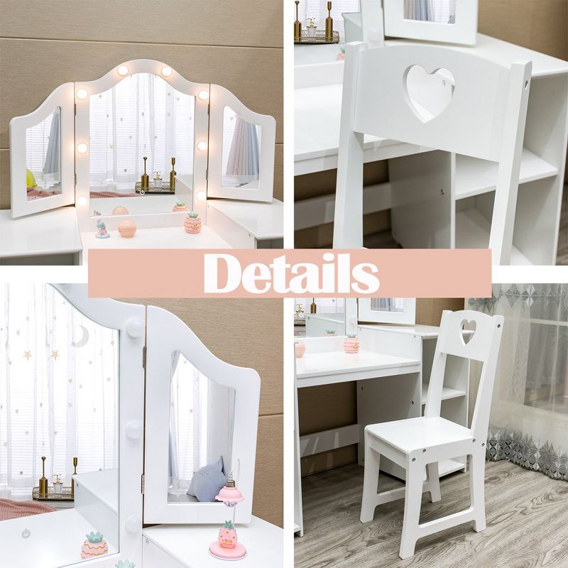 Whizmax 2 in 1 Wooden Princess Makeup Desk Dressing Table, Kids Vanity with Mirror, Light,Stool & Drawer, 3 of 4