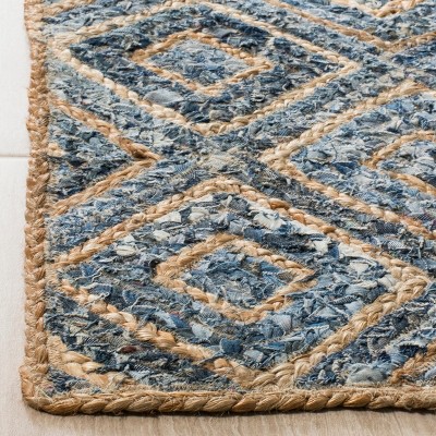 Natural and Blue Geometric Handmade Jute Area Rug