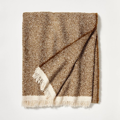 Honeybloom Tan Frayed Edge Woven Throw Blanket, 50x60