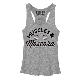 Women's CHIN UP Muscles and Mascara Eyelashes Racerback Tank Top - 1 of 3