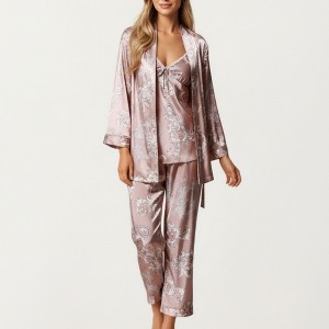 Anna-Kaci Lounge Women's 3-Piece Set Satin Baroque Print Pajama Cami with Matching Robe and Relaxed Straight-Leg Pants - 1 of 4