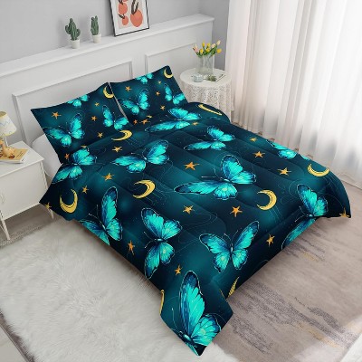 Cyan Butterfly Comforter Set Full Size – Green Blue Moon & Stars Bedding with 1 Comforter & 2 Pillowcases, Cute Quilt Set for Girls, Teens & Adults
