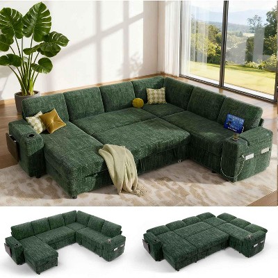 Vipbear 110" Modular Sectional Sleeper Sofa with Pull Out Bed, 7 Seat Chenille L Shaped Couch with Reclining Backrest|USB Ports Tool Free Assembly