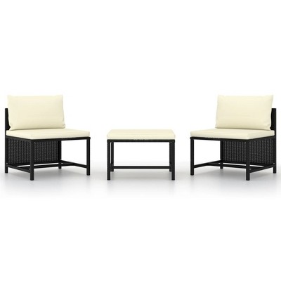 vidaXL 3 Piece Patio Sofa Set with Cushions Black Poly Rattan