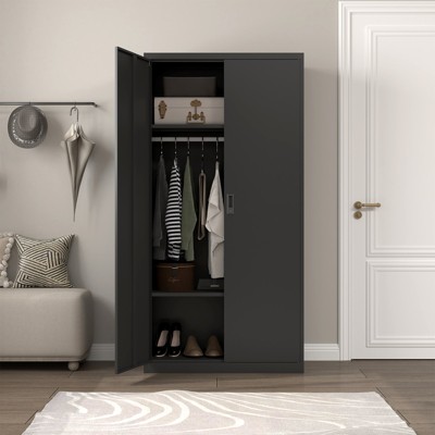 TIRAMISUBEST Metal Armoire Wardrobe Cabinets - Mobile Lateral Filing Cabinet, Locking Wheels, Adjustable Shelf