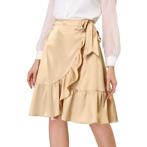 INSPIRE CHIC Women's Ruffle Satin Wrap Tie Waist Asymmetrical Midi Skirt - 1 of 4