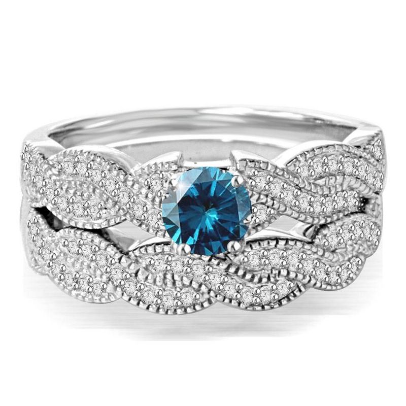 Pompeii3 3/4ct Pave Treated Blue Diamond Infinity Engagement Ring Set 14K White Gold, 1 of 5