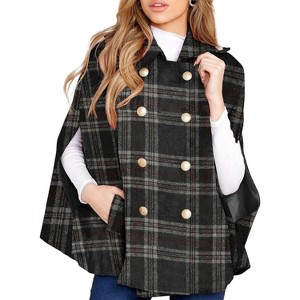 Imily Bela Women's Winter Double-Breasted Plaid Cape Coat - Turn-Down Collar with Pockets - 1 of 4