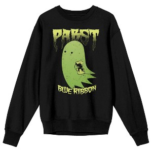 Pabst Blue Ribbon Halloween Ghost With Beer Can Crew Neck Long Sleeve Black Adult Sweatshirt - 1 of 3