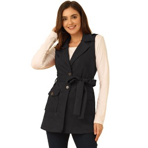 Allegra K Women's Lapel Single Breasted Tie Belt Work Suede Vest Jacket - 1 of 4