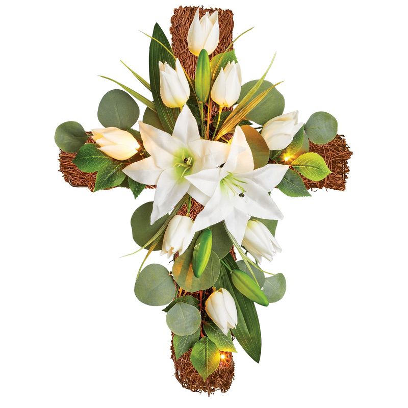 Collections Etc LED Lighted White Lily Wall Cross Decoration MEDIUM, 1 of 3