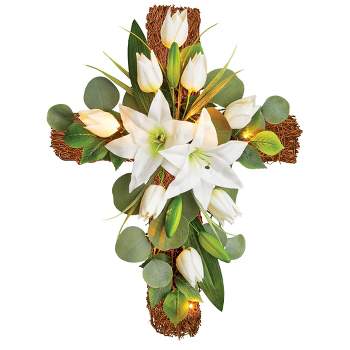 Collections Etc LED Lighted White Lily Wall Cross Decoration MEDIUM