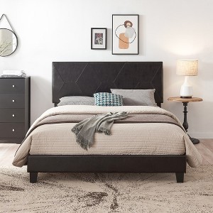 Queen Size Platform Bed Frame With Headboard, Wood Slat Support Bed Frame, Upholstered Platform Bed For Bedroom Guest Room, Black - 1 of 4