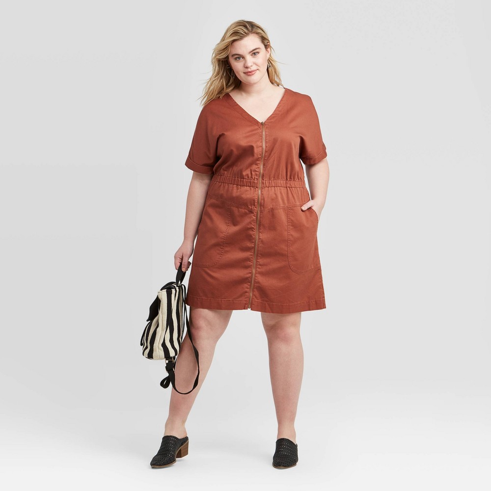 Women's Plus Size Short Sleeve V-Neck Front Zip Elastic Waist Dress - Universal Thread Brown 4X was $27.99 now $19.59 (30.0% off)