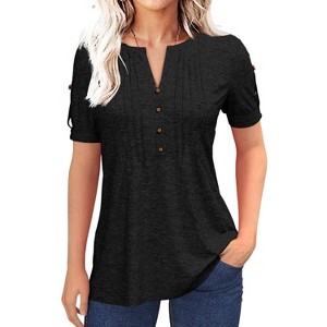 Imily Bela Women's Summer Pleated Button Short-Sleeve T-Shirt, Solid Color V-Neck Casual Top - 1 of 4